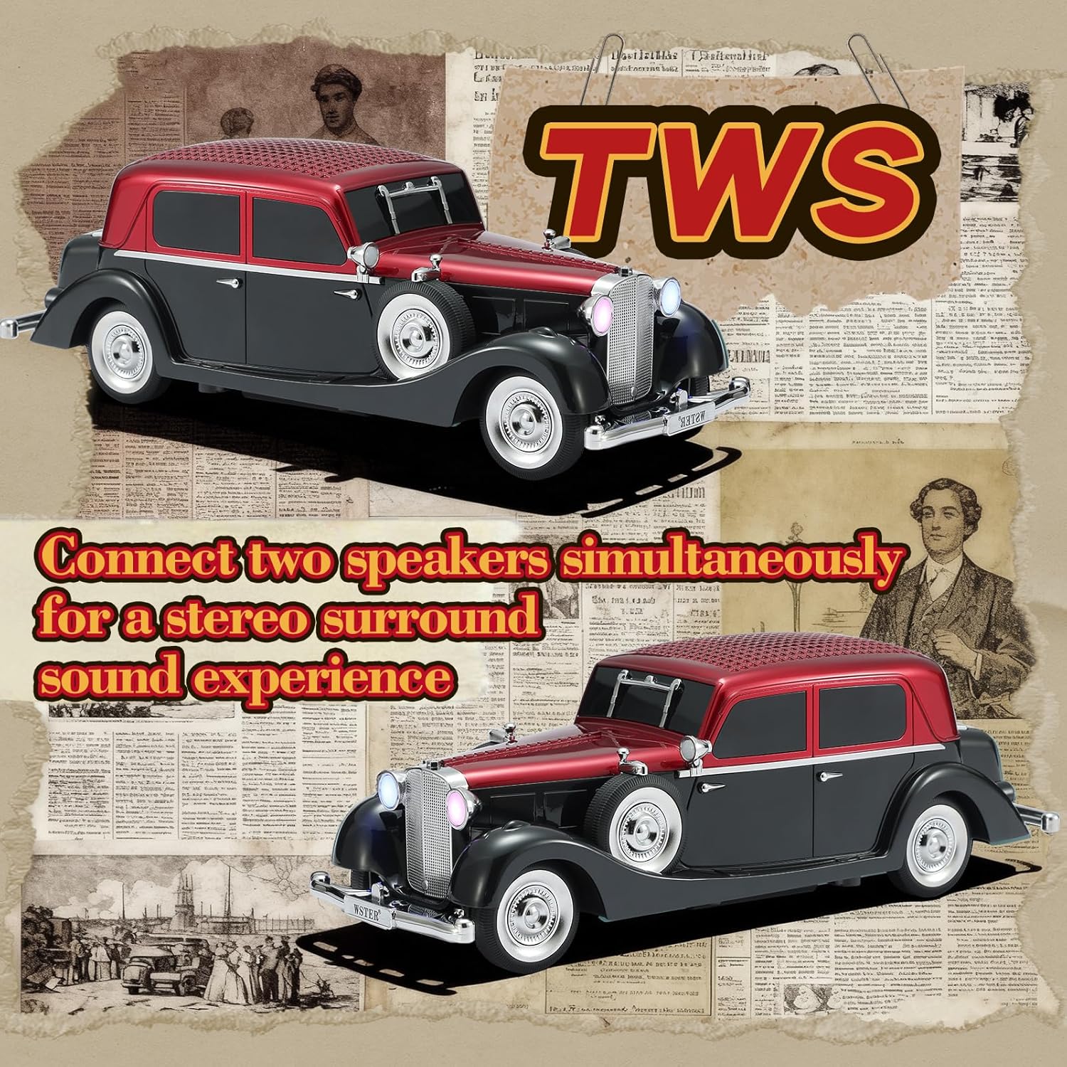 WSTER WS-1934 Retro Classic Car Bluetooth Replica Speaker – Wireless HD Sound with FM Radio,TWS Stereo,LED Party Lights,Built-in Microphone Hands-Free Call, Surprise Portable Gift for Party Use